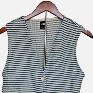 Zara V Neck Button Down Short Vest Sleeveless Blue Cream Striped Womens Size L